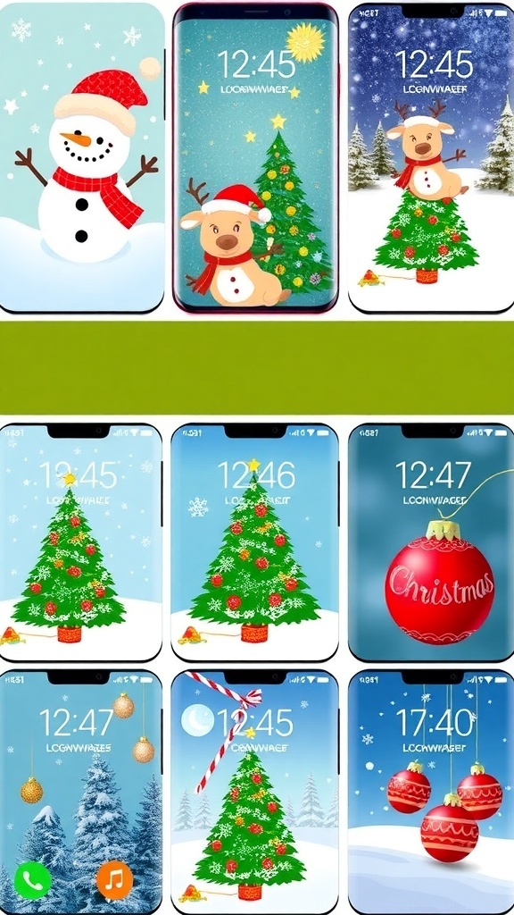Cute Christmas lock screen wallpapers with snowmen, reindeer, and Christmas trees.
